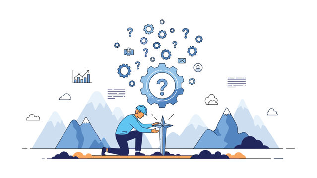 Technician in a blue uniform works to solve technical issues represented by gears and question marks in a mountain landscape.