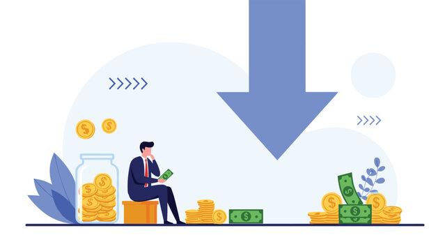 Worried businessman sits next to a large downward arrow and diminishing piles of money representing a financial crisis.