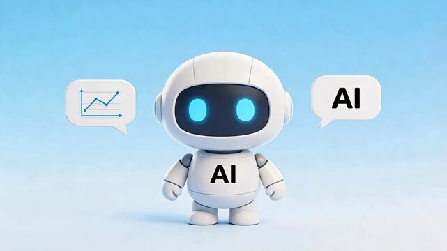 AI robot with glowing eyes and speech bubbles