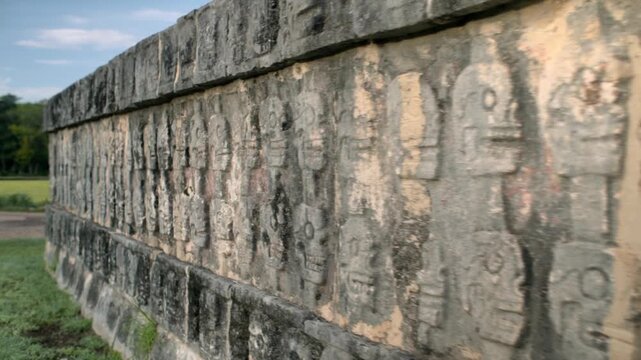 Moving shot of the Wall of Skulls, a monument from the ancient mayan civilization in Mexico