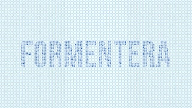 Formentera dotted map animation. Digital style shape of the island. Formentera shape and title blue dots appear with flickering effect. Spain. Modern Intro, outro, title, logo video.