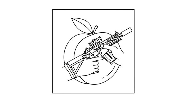 Hand holding assault rifle in front of a peach, gun rights, second amendment concept