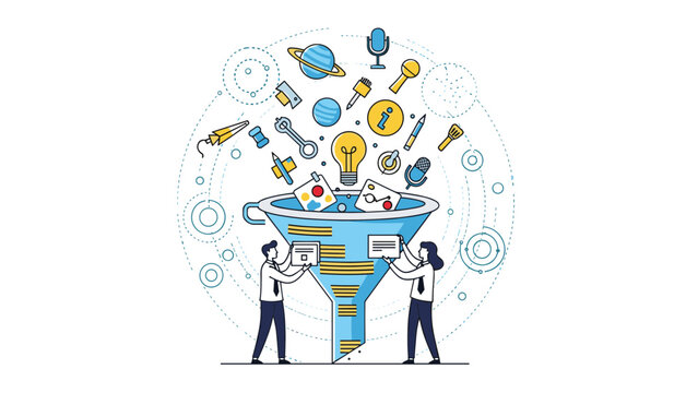 Professionals managing a large funnel where various ideas and information icons are being processed into structured data formats.
