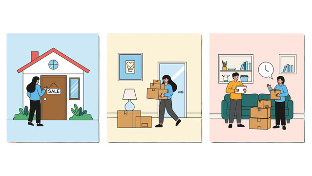Illustrated sequence of events showing a house for sale, packing boxes for moving, and a couple settling into their new residential home.