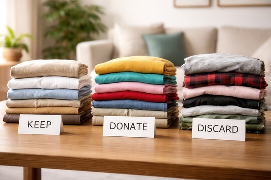 Organized folded towels labeled keep donate discard on wooden table in cozy home setting