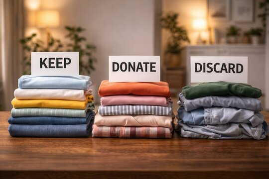 Organized clothing donation decision process with keep, donate, and discard piles on wooden table