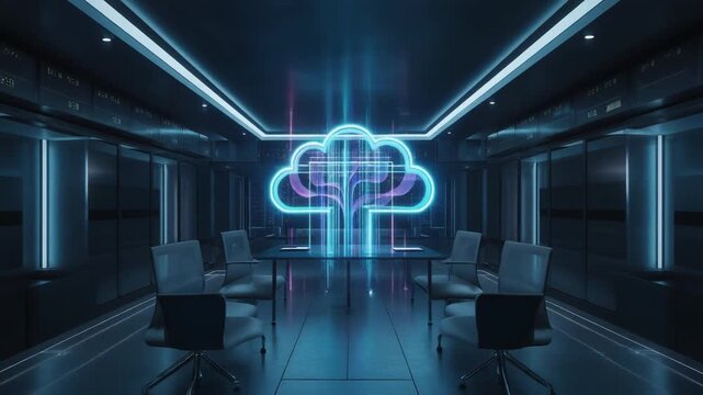 Multi Cloud Infrastructure Diagram Animation with Glowing Data Paths and Soft Blue Network Motion