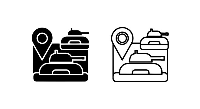 Military location pin tank war conflict army black glyph and outline vector icon
