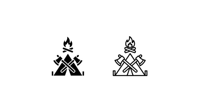 Camping adventure icon: outdoor tent, axes, and campfire symbol for travel and exploration