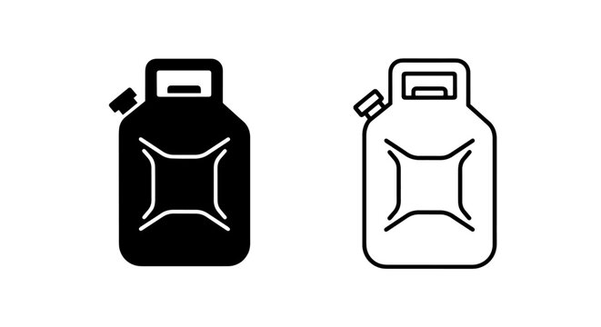 Jerry can icon set: solid black and outline vector illustration for fuel supply and storage