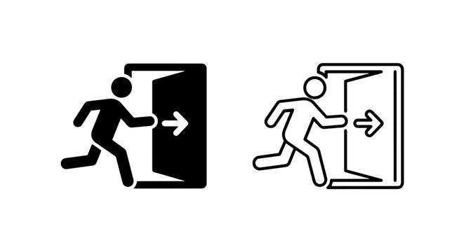 Running person exiting door icon set: emergency exit, logout, escape, and evacuation symbol