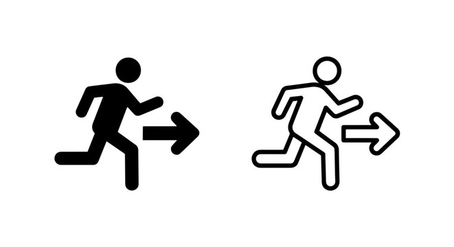 Running person with forward arrow icon set: exit, logout, escape, and movement symbol