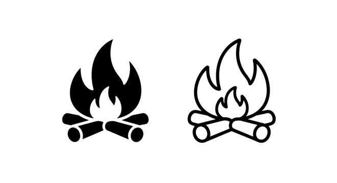 Campfire and wood log icons in solid and outline style for camping and outdoor adventure design