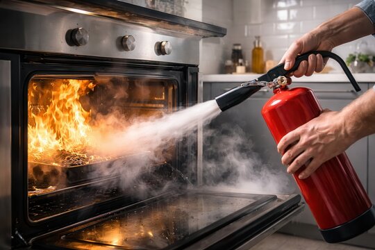 Person using red fire extinguisher to put out oven fire in modern kitchen