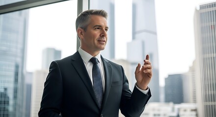 Fototapeta premium Confident businessman in suit looking out office window with city skyline view