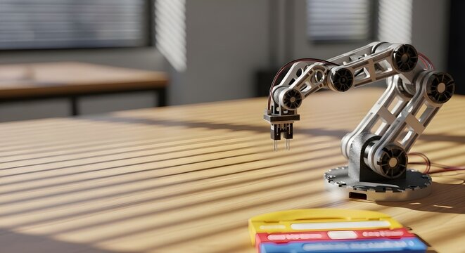 A miniature silver robotic arm model sits on a wooden office desk in the sunlight.