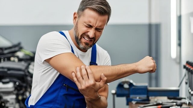 Auto Mechanic with Elbow Injury in Garage, Male Worker in Pain