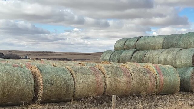 Close-up of stacked hay bales in rural farmland with open prairie landscape and cloudy sky, agricultural feed storage and countryside scene