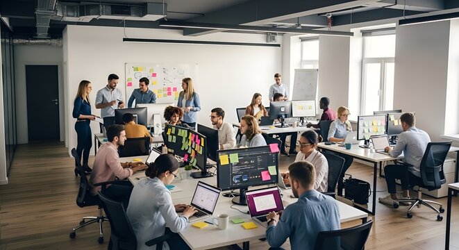 Diverse team collaborating in modern open-plan office, working on computers and projects.