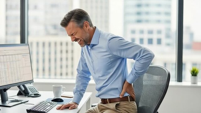 Mature male office worker experiencing sudden lumbar strain and spinal discomfort at computer workstation