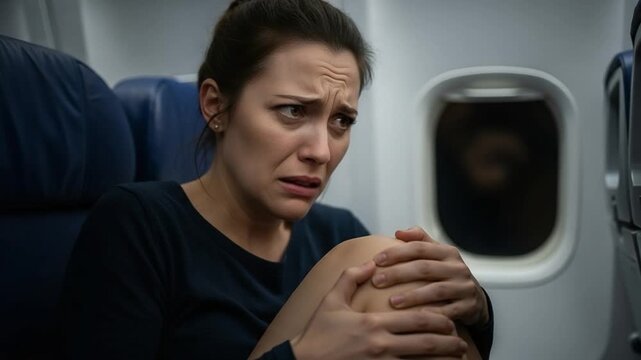 Young Woman Experiencing Severe Knee Pain During Flight, Joint Injury On Airplane