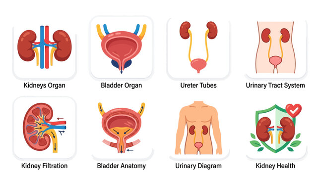 Vector illustration of human urinary system with kidneys, bladder, ureter tubes, and kidney health concepts.