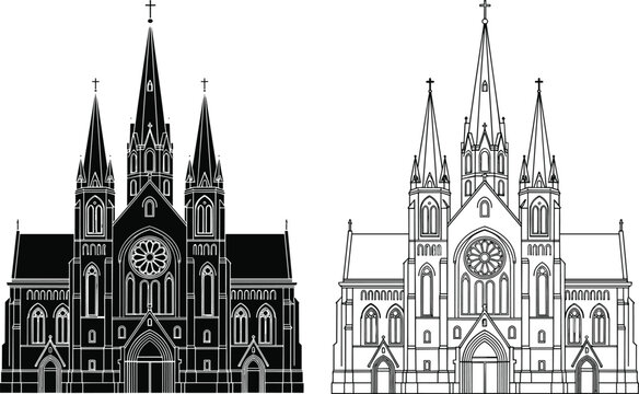 Gothic cathedral silhouette illustration set, spires arches rose window architecture artwork, historical building vector design concept