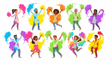 Fototapeta premium Vibrant vector illustration of people dancing with colorful paint splatters in a lively celebration scene outdoors.