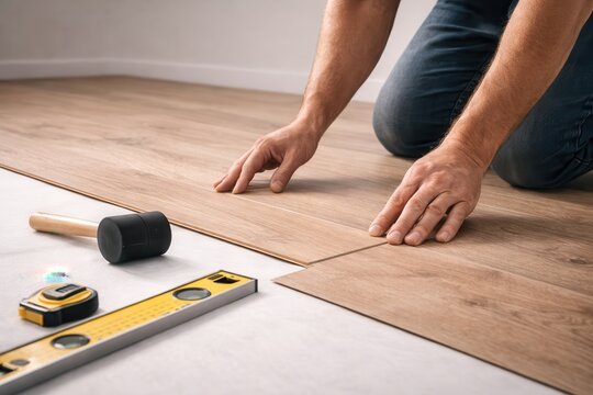 Professional measuring floor tiles with level and pencil during home renovation