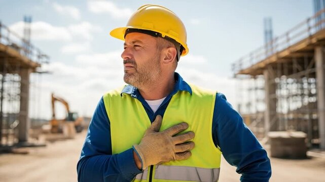 Mature male construction worker in safety vest clutching chest during heart attack at work