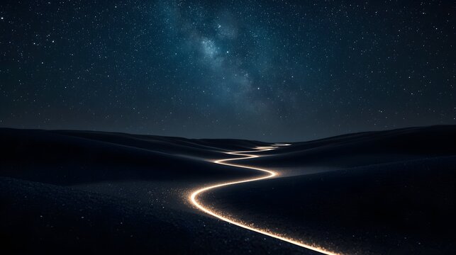 Surreal night landscape with a glowing river winding through sand dunes under a starry milky way galaxy sky. 3D illustration for meditation, spiritual journey, and cosmic energy.