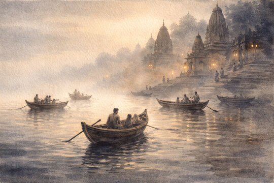 Authentic Bengal School Watercolor Wash Painting of a Misty Ganges River Scene