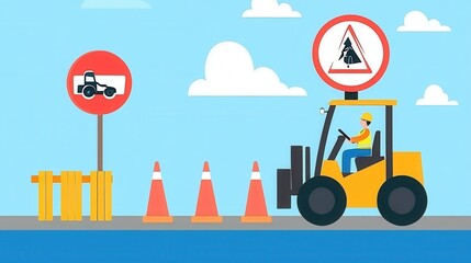 Naklejka premium Forklift near road work signs