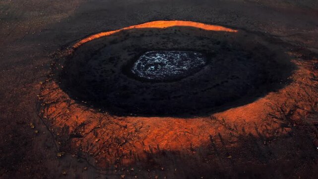 Aerial view of a volcanic crater with a boiling lake illuminated by the rising sun