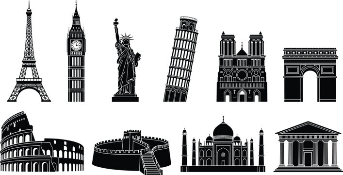 World landmark silhouette illustration set, Eiffel Tower Big Ben Statue of Liberty Taj Mahal Colosseum artwork, cultural vector design concept