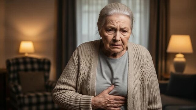 Senior woman experiencing sudden chest pain or heart attack symptoms at home