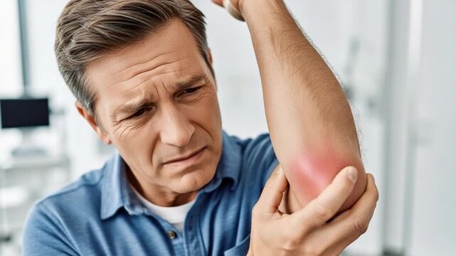 Mature man holding red inflamed elbow joint suffering from chronic bursitis pain