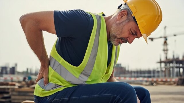 Construction Worker with Lower Back Pain Injury on Building Site, Middle Aged Male in Safety Vest