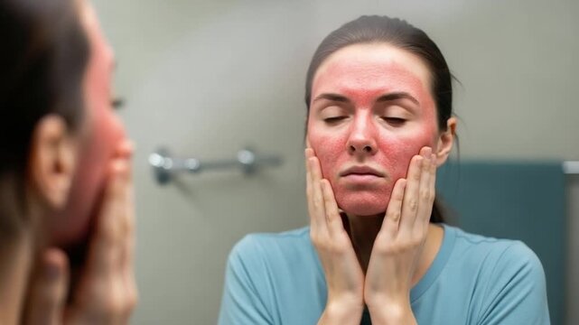 Young Woman Examining Severe Lupus Butterfly Rash on Face in Bathroom Mirror