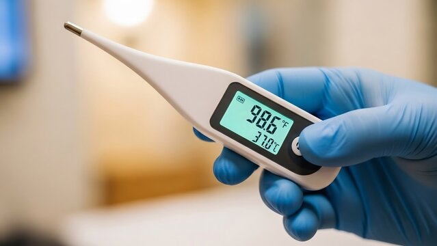 Closeup of a gloved hand holding a digital thermometer showing a normal temperature.