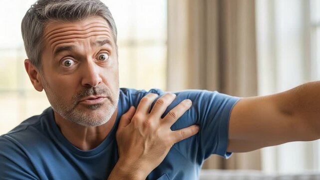 Mature man with grey hair experiencing sudden shoulder pain and acute rotator cuff injury