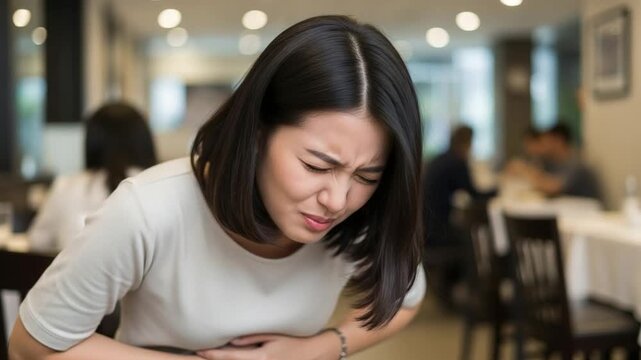 Young Asian woman suffering from sudden food poisoning symptoms in a restaurant