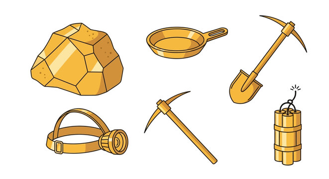 Golden mining tools and gold nugget.