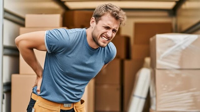 Young Caucasian Male Mover Suffering From Lower Back Pain Injury While Unloading Delivery Truck