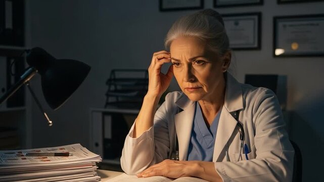 Exhausted Senior Female Physician Suffering from Burnout Working Late Night in Medical Office