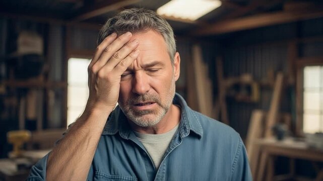 Stressed mature male carpenter feeling overwhelmed and frustrated in woodworking workshop