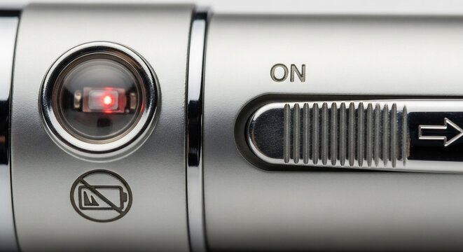 Closeup of a silver laser pointer with an illuminated red light and an ON switch.