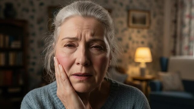 Senior Woman with Grey Hair Suffering from Trigeminal Neuralgia Facial Pain at Home