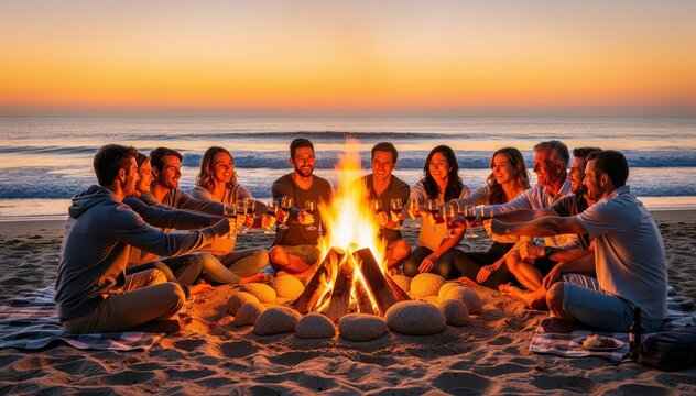 Beach Bonfire Gathering: A group of friends and family revel in a cozy bonfire on the beach at sunset, sharing stories, laughter, and camaraderie. The warm glow of the fire, the sounds of the ocean.