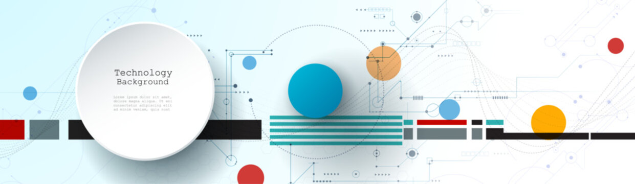 Vector illustration abstract modern technology design. White circle, geometric shape, wave wireframe line pattern and circuit board on white - grey background. Technology concept for banner, template